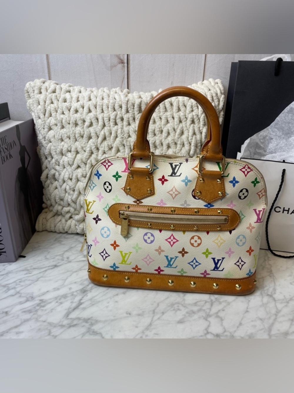 Vtg 2004 Takashi Murakami x Louis Vuitton Alma PM White Multicolor Lmtd Edition